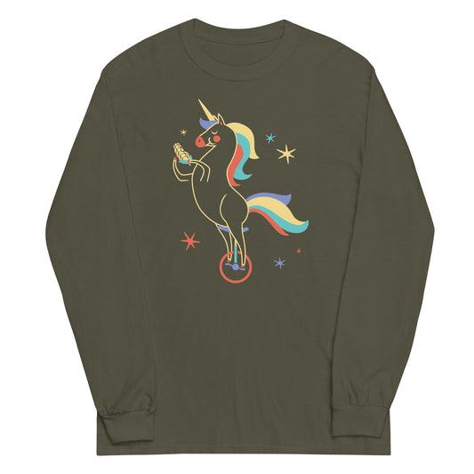 Unicycling Unicorn With Corn Unisex Long Sleeve Tee